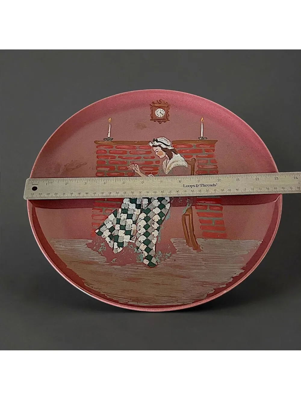 Large Vtg Hand Painted Folk Art Serving Tray Plate Colonial Woman Fireplace 13